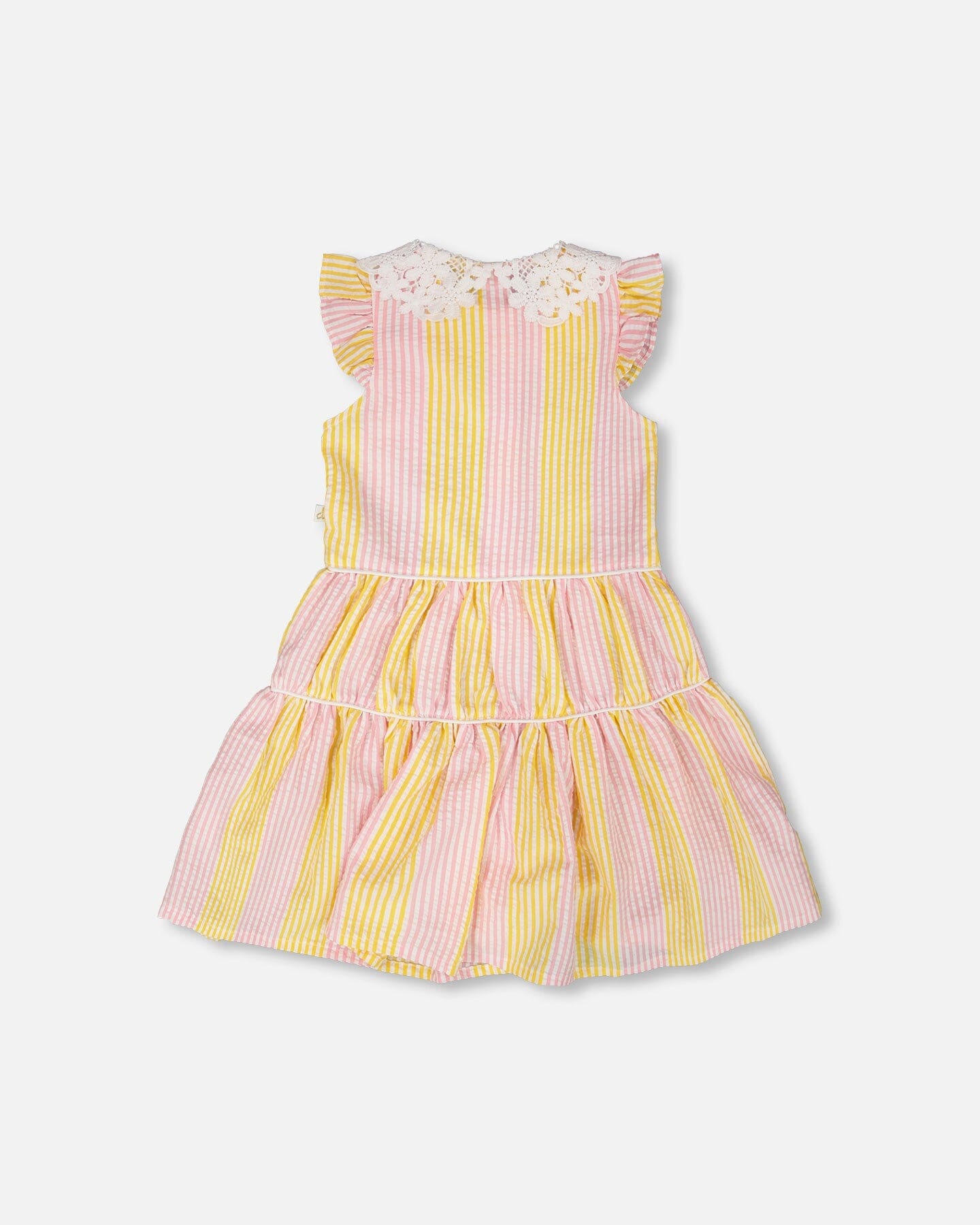 Sleeveless Dress With Crochet Peter Pan Collar Pink And Yellow Stripes