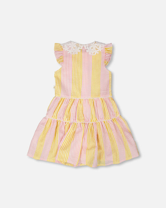 Sleeveless Dress With Crochet Peter Pan Collar Pink And Yellow Stripes