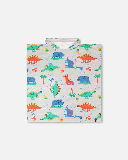Hooded Beach Towel Grey Baby Dinosaur Print