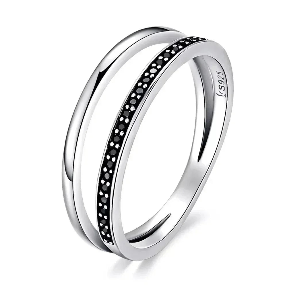 Breathtaking 925 Sterling Silver Double Circle Black Clear Cz Stackable Ring