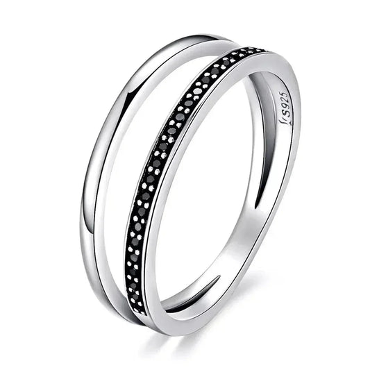Breathtaking 925 Sterling Silver Double Circle Black Clear Cz Stackable Ring