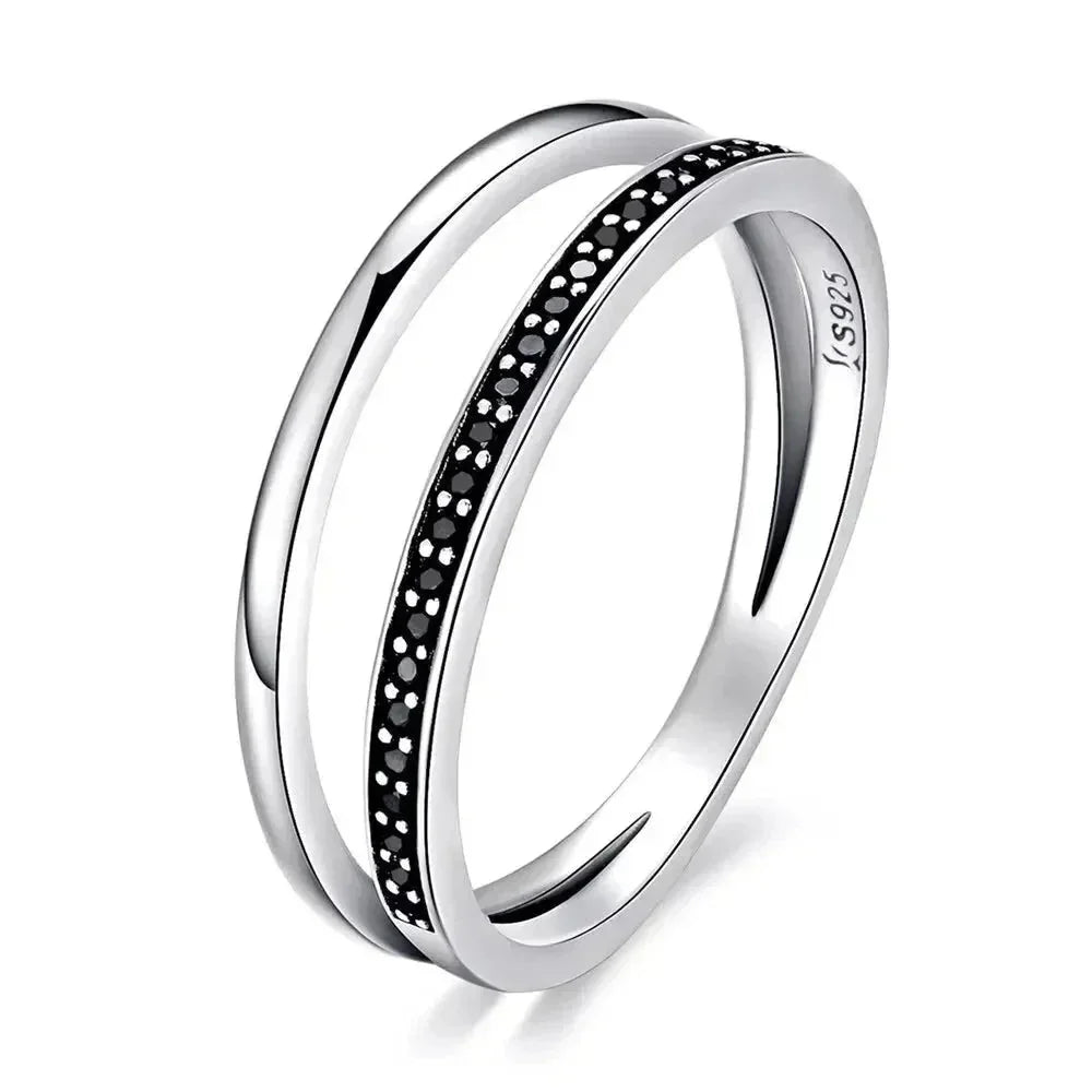 Breathtaking 925 Sterling Silver Double Circle Black Clear Cz Stackable Ring