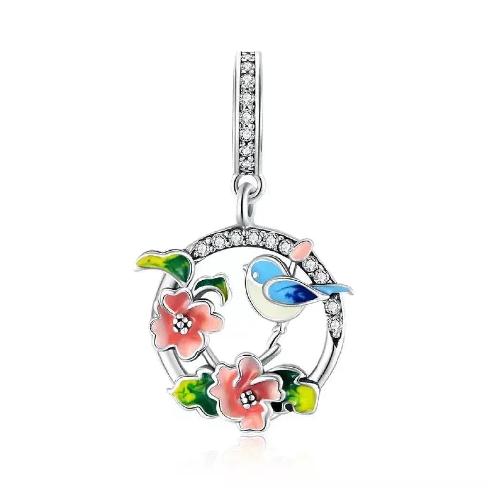 925 Sterling Silver Colorful Birds Flowers Leaves Cz Pendant - Jewelry Charm For Bracelets And Necklaces