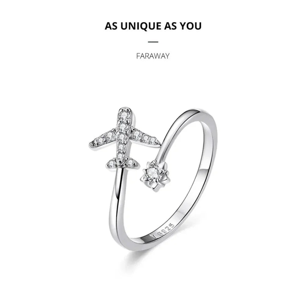 Genuine 925 Sterling Silver Flying Plane Open Adjustable Ring With Clear Cz - Fine Jewelry