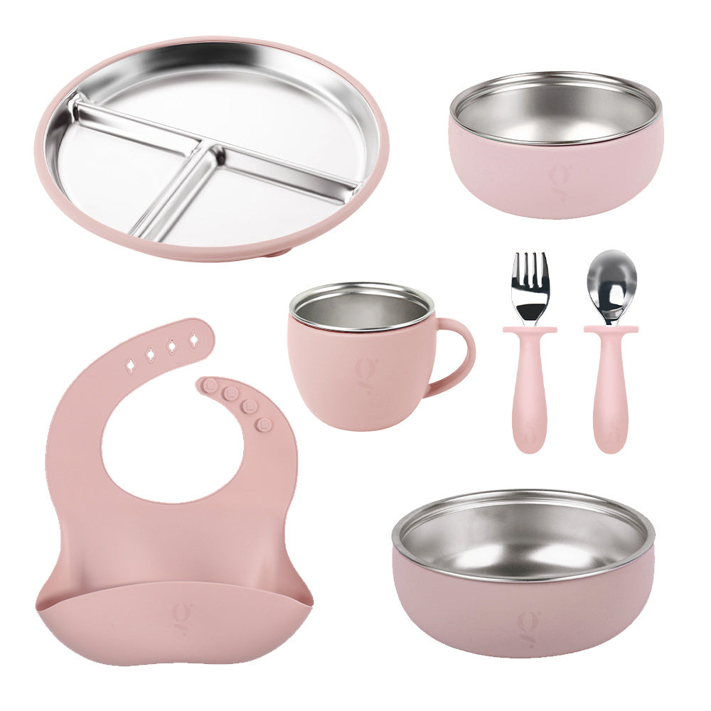 Premium 7-Piece Silicone & Stainless Steel Kids Dinnerware Set | Feeding Set