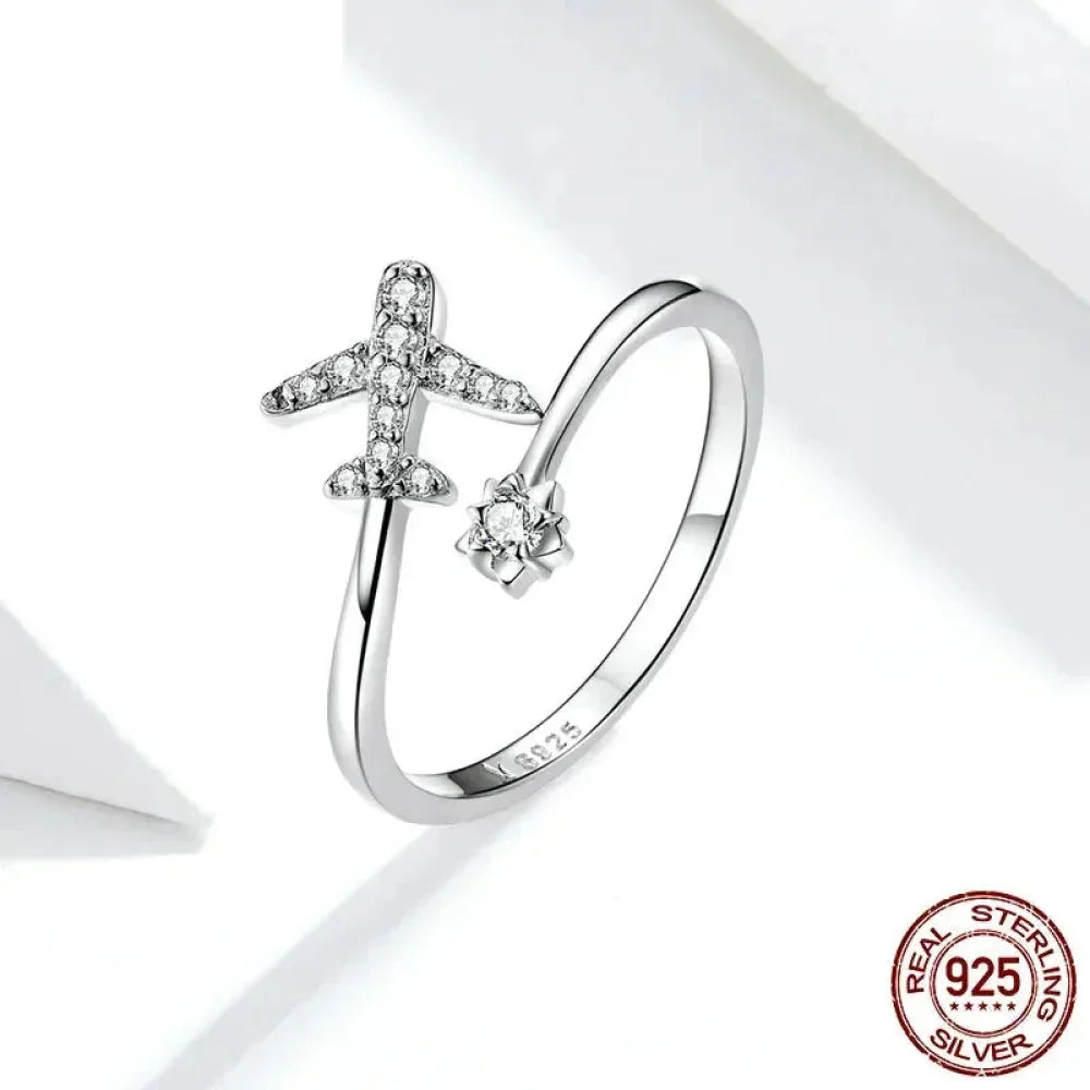 Genuine 925 Sterling Silver Flying Plane Open Adjustable Ring With Clear Cz - Fine Jewelry