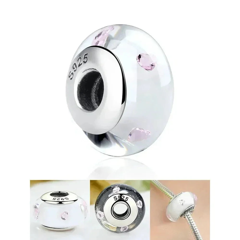 925 Sterling Silver Pink Flower Murano Glass Beads - Diy Bracelet Charms For A Festive Touch (Scz001)