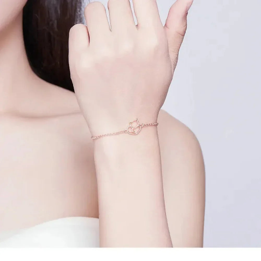 925 Sterling Silver Cat Heart Chain Bracelet