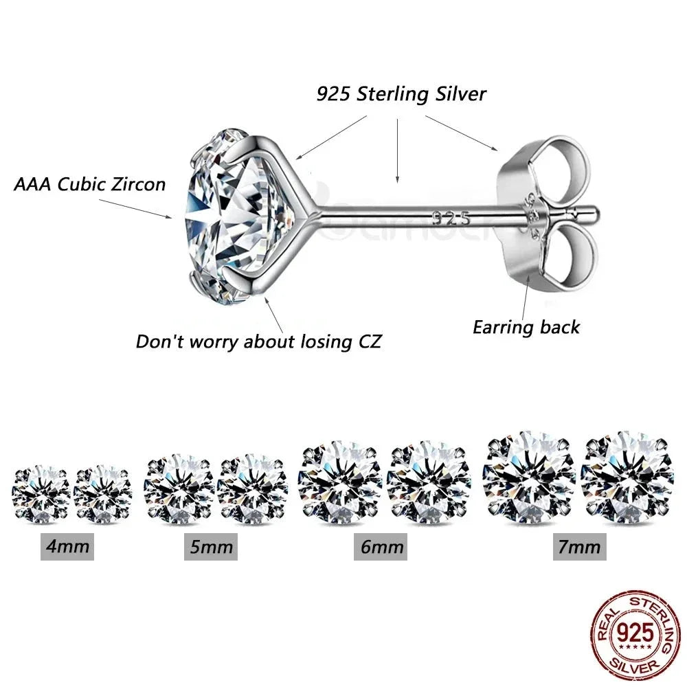 Cz Stud Earrings - 925 Sterling Silver Platinum Plated - Round Cubic Zirconia Hypoallergenic Earrings 4Mm 5Mm 6Mm 7Mm Bse166