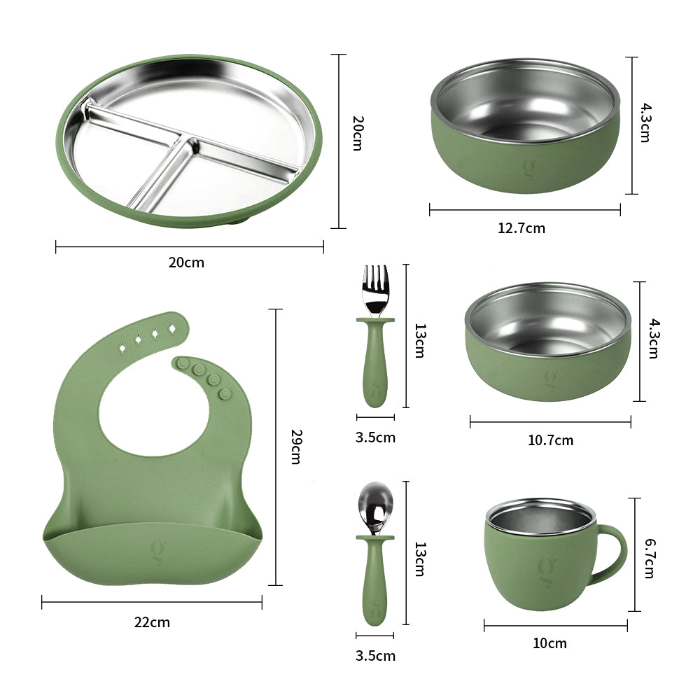 Premium 7-Piece Silicone & Stainless Steel Kids Dinnerware Set | Feeding Set