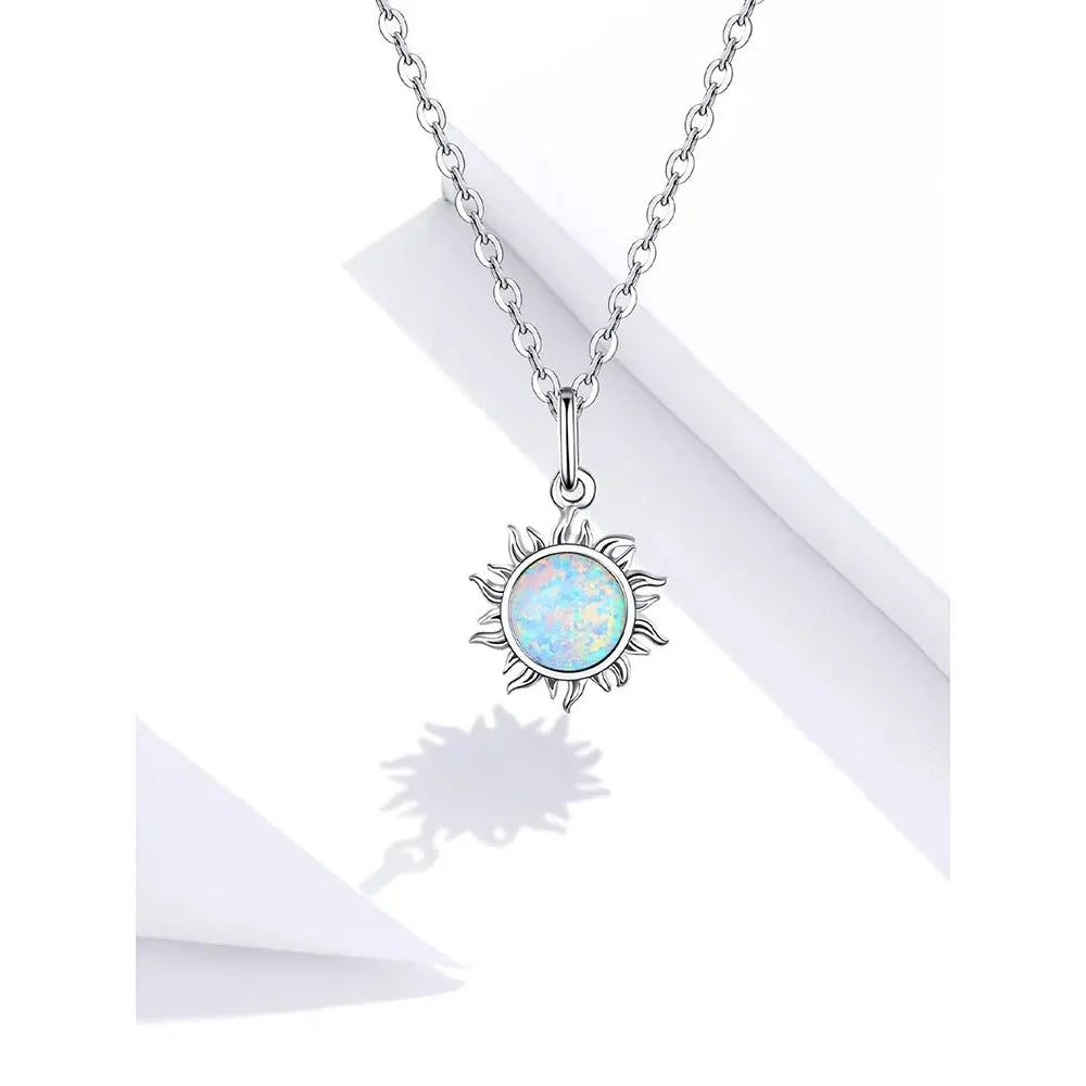 925 Sterling Silver White Opal Sun Pendant Necklace - Apollo Chain for Women
