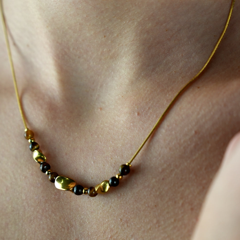 HAVANA Snake-Skin Textured Chain with Gold & Tiger's Eye Stone Charms
