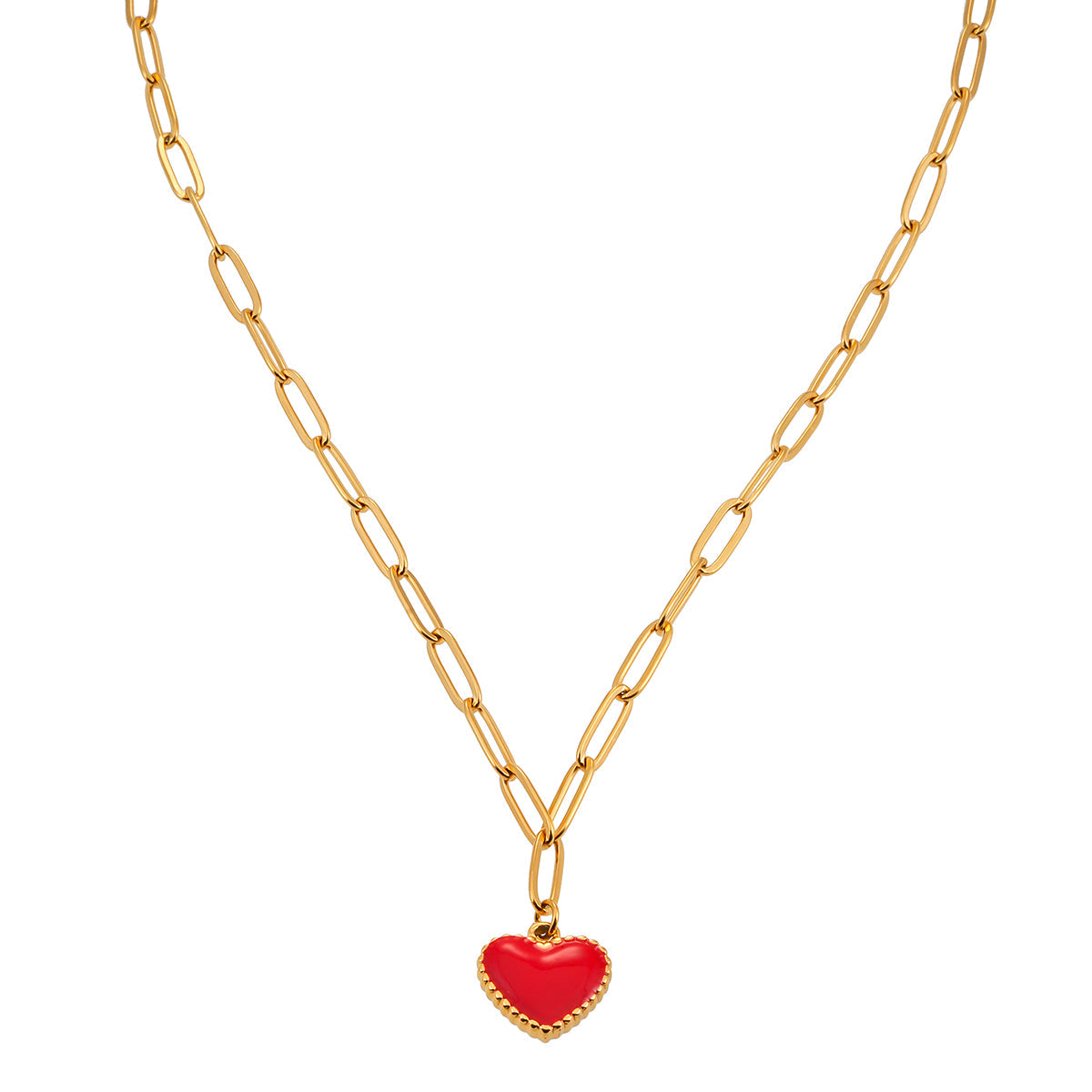 Style HEART ROUGE: Paper Clip Chain Anchoring an Enameled Heart Charm in Gold