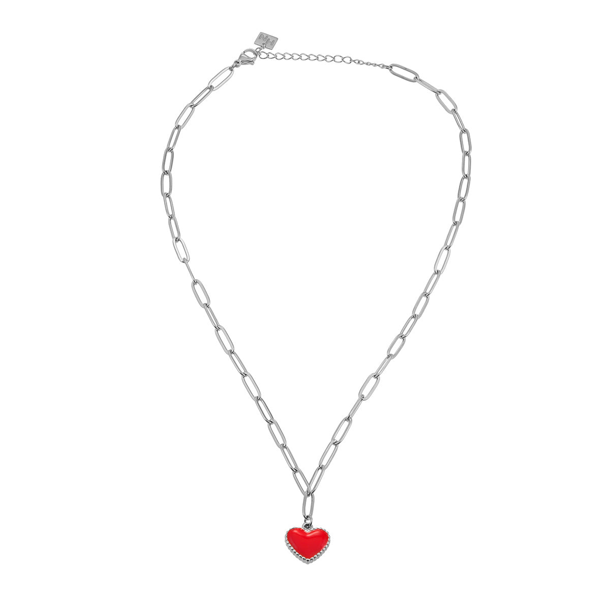 Style HEART ROUGE: Paper Clip Chain Anchoring an Enameled Heart Charm in Silver