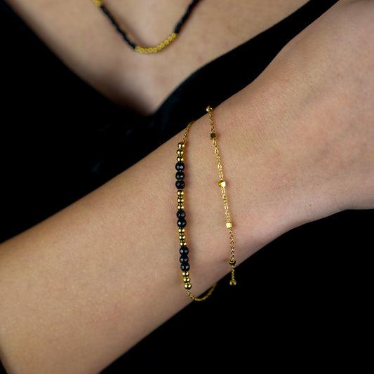 HILDA: Two-in-One Square Beads & Round Beads in Black & Gold Bracelet.