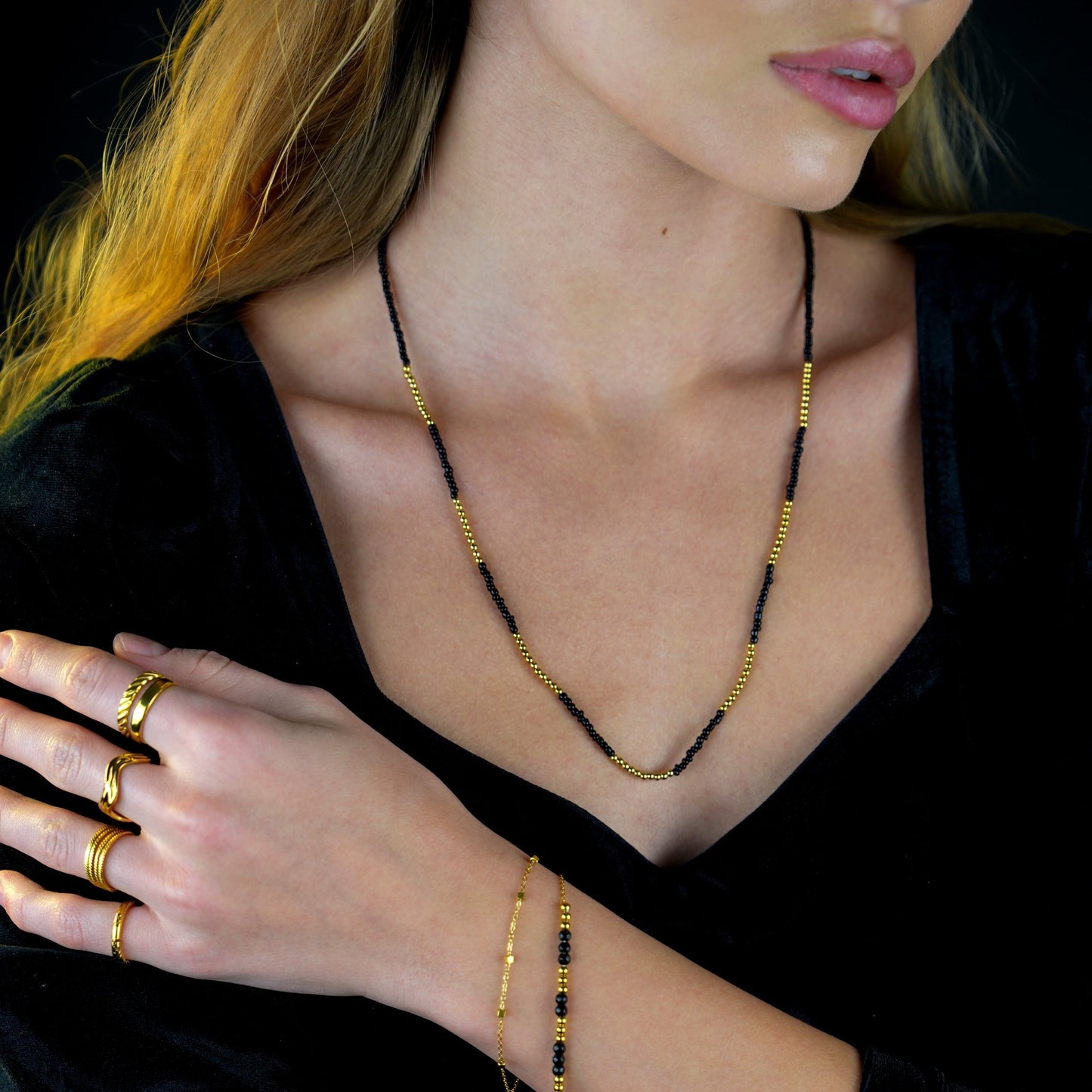 HILDA: Two-in-One Square Beads & Round Beads in Black & Gold Bracelet.