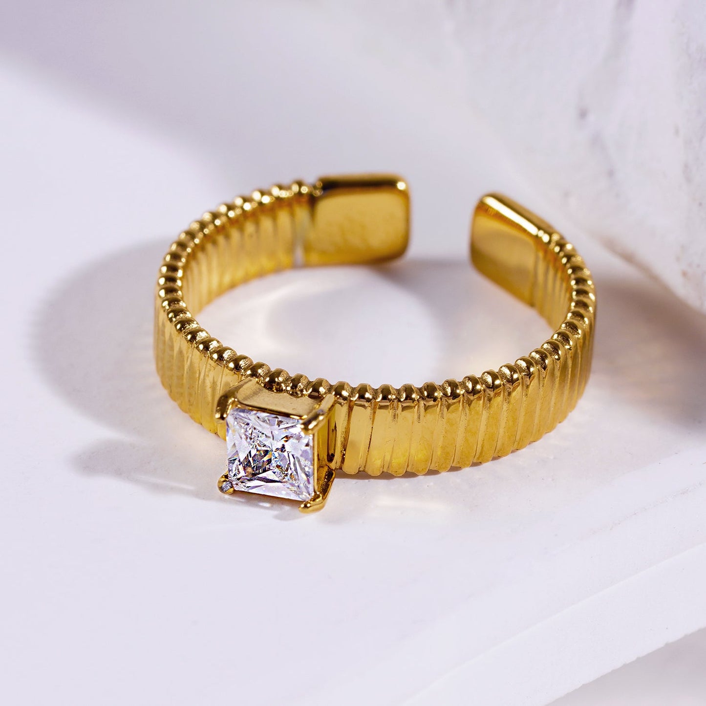 HIRAYA: Textured Block Band Ring with a Square Zirconia Centerpiece