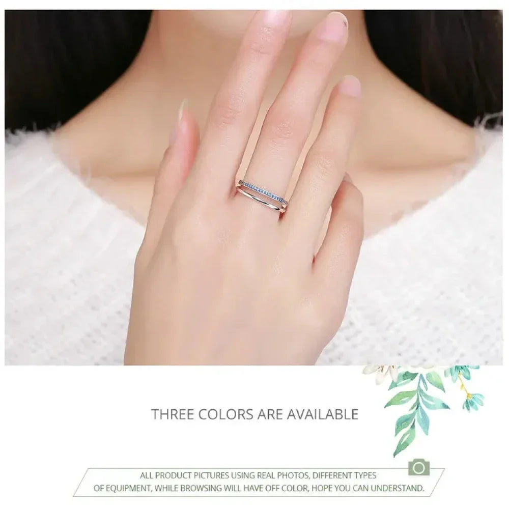 Breathtaking 925 Sterling Silver Double Circle Black Clear Cz Stackable Ring