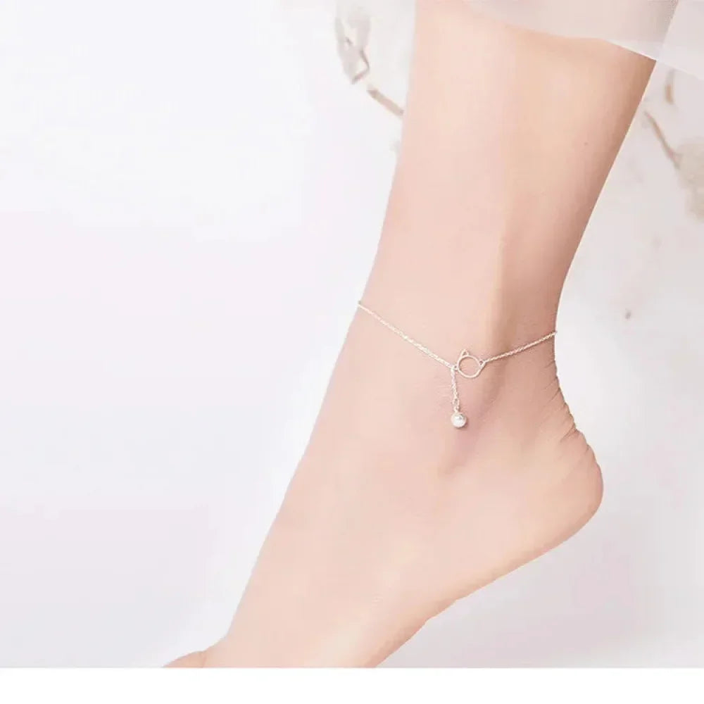 Simple Essential Bead Link Anklets - 925 Sterling Silver Bracelet For Foot Jewelry