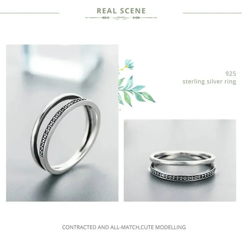 Breathtaking 925 Sterling Silver Double Circle Black Clear Cz Stackable Ring