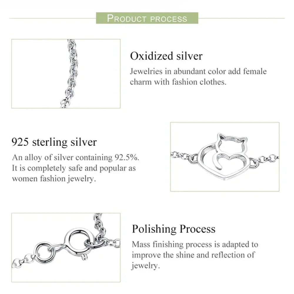 925 Sterling Silver Cat Heart Chain Bracelet