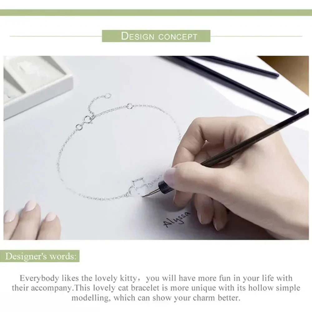 925 Sterling Silver Cat Heart Chain Bracelet