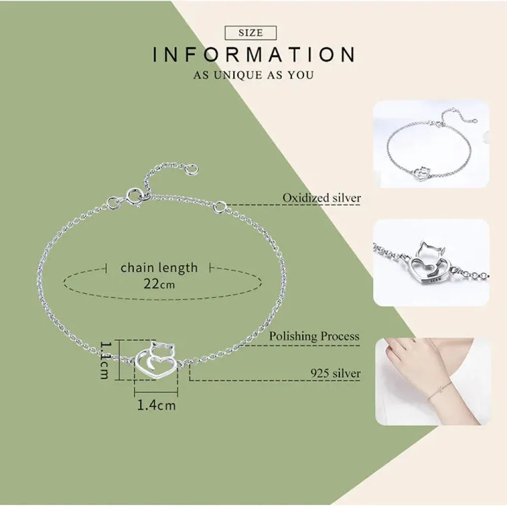 925 Sterling Silver Cat Heart Chain Bracelet