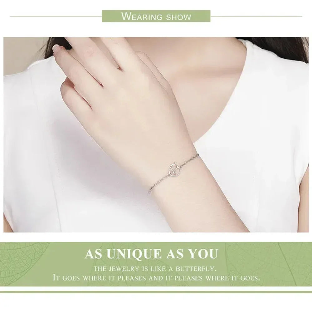 925 Sterling Silver Cat Heart Chain Bracelet