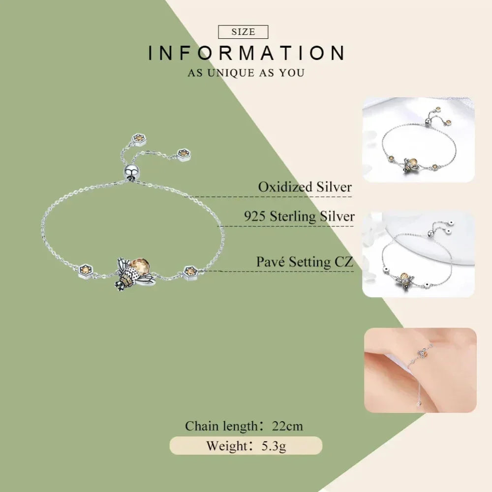 Sterling Silver Dancing Bee Charm Bracelet with CZ