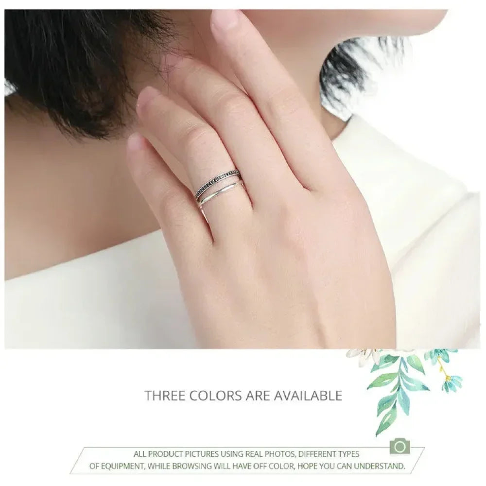 Breathtaking 925 Sterling Silver Double Circle Black Clear Cz Stackable Ring