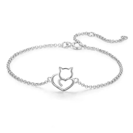 925 Sterling Silver Cat Heart Chain Bracelet