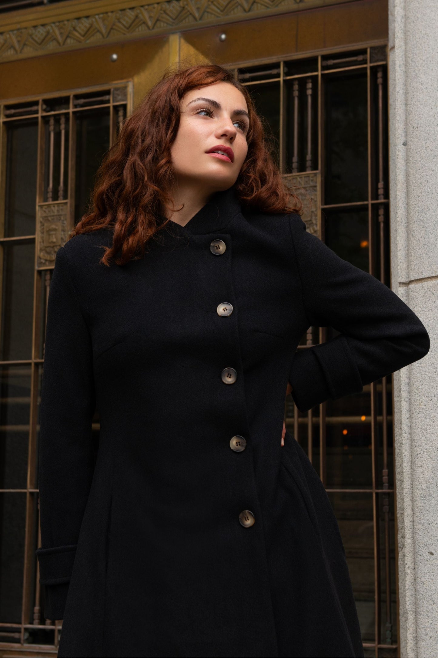 Harper Retro Flared Coat Side Buttons Elegant