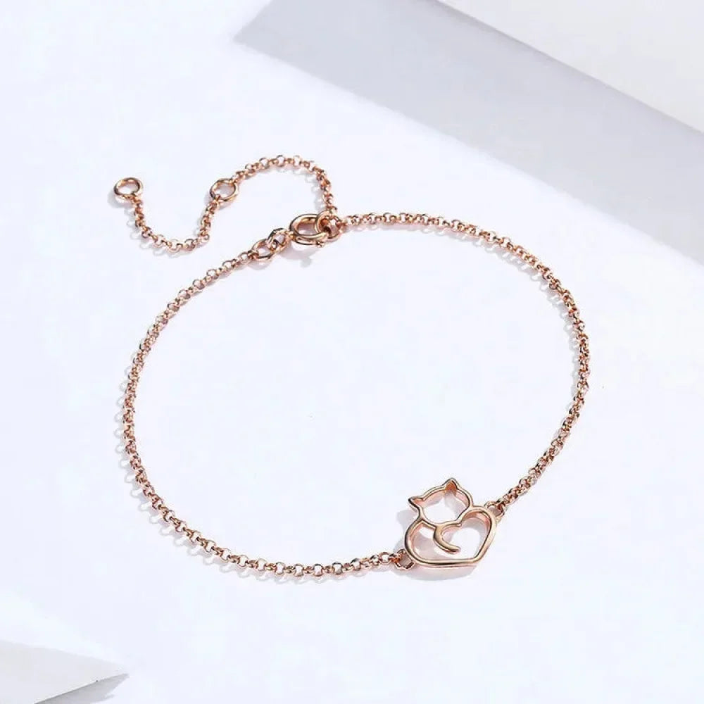 925 Sterling Silver Cat Heart Chain Bracelet