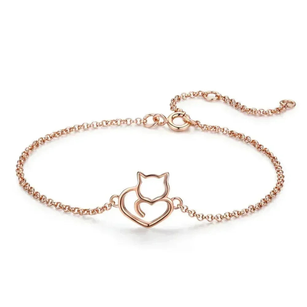 925 Sterling Silver Cat Heart Chain Bracelet
