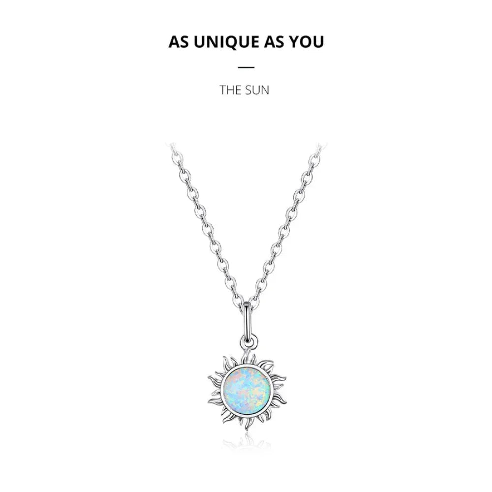 925 Sterling Silver White Opal Sun Pendant Necklace - Apollo Chain for Women