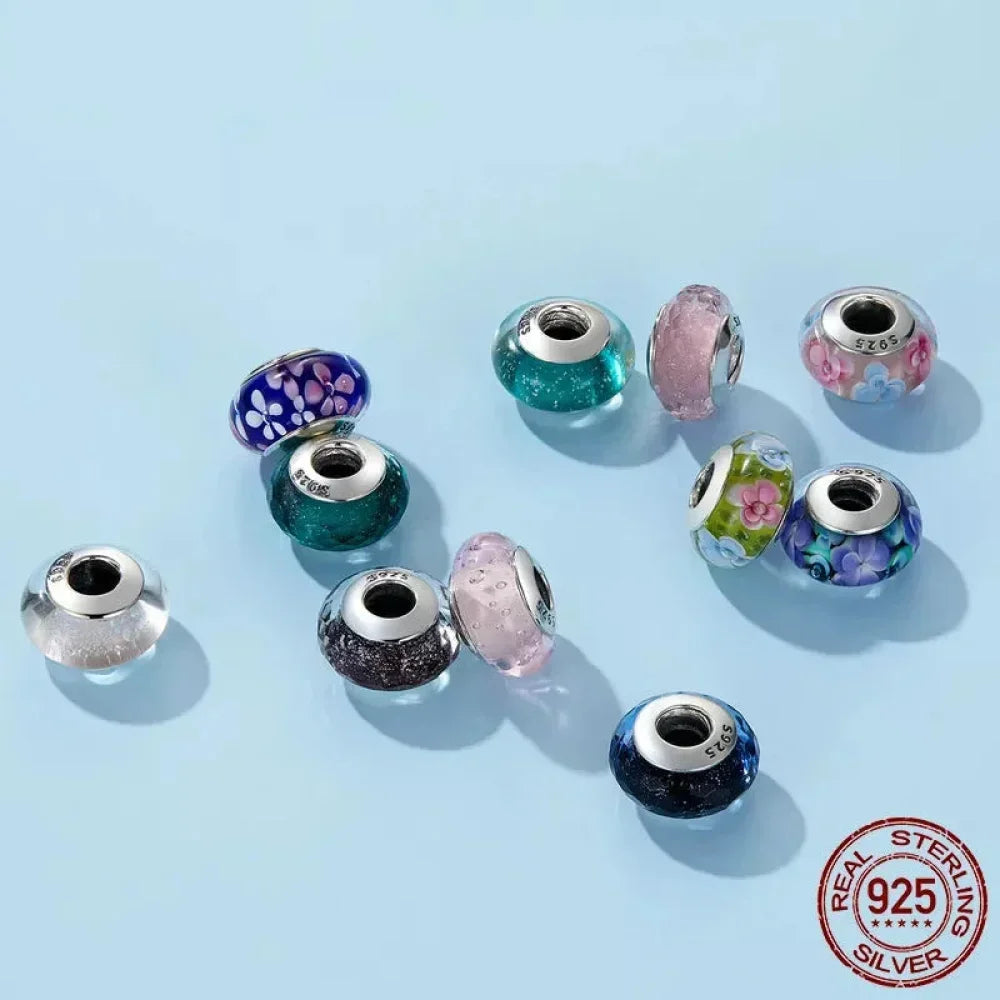 925 Sterling Silver Pink Flower Murano Glass Beads - Diy Bracelet Charms For A Festive Touch (Scz001)