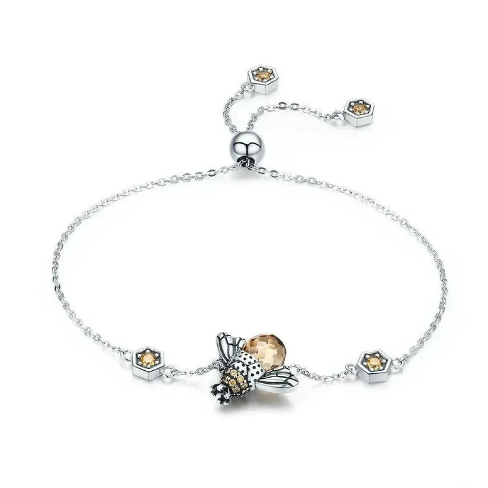 Sterling Silver Dancing Bee Charm Bracelet with CZ