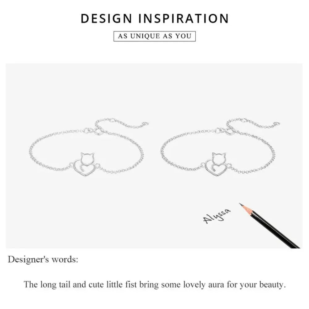 925 Sterling Silver Cat Heart Chain Bracelet