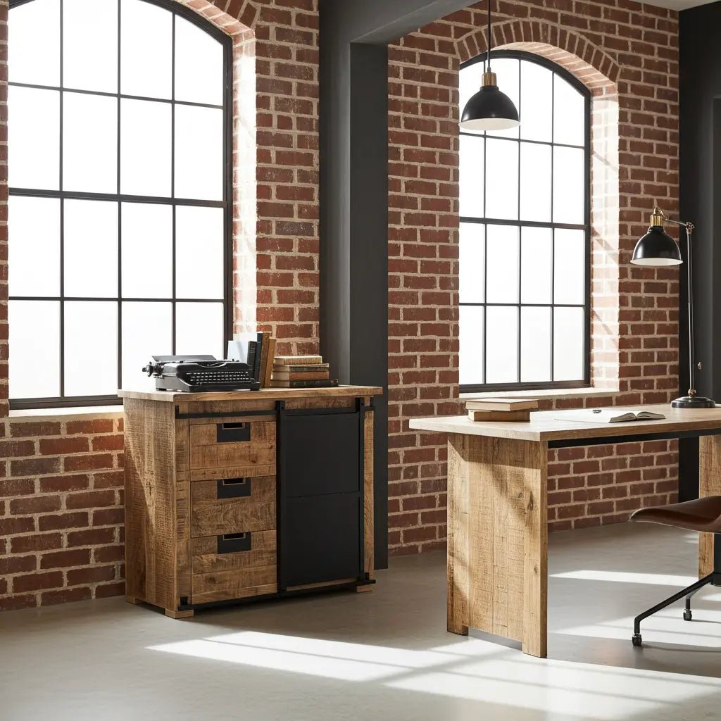 Meuble Commode Raven en bois de manguier porte coulissante en acier noir