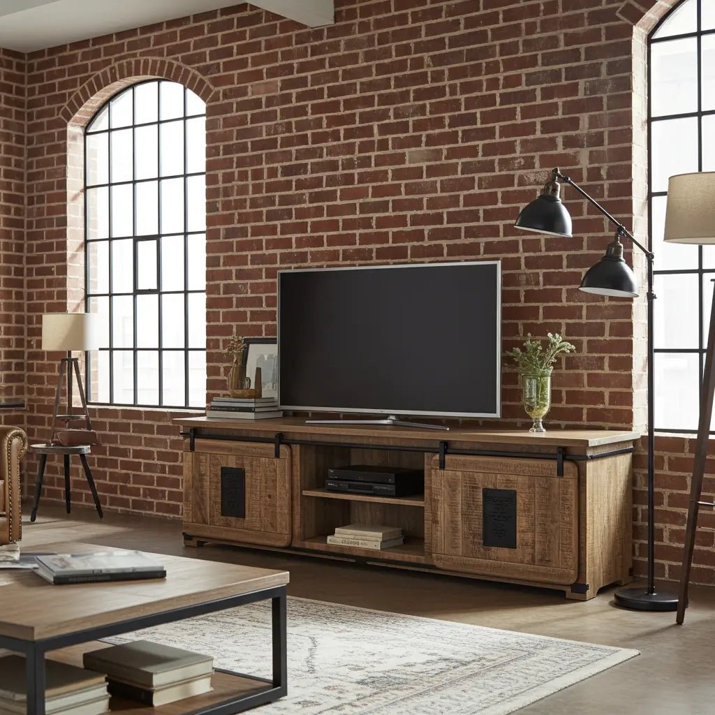 Meuble Télé Farmhouse en bois de manguier brut portes coulissantes