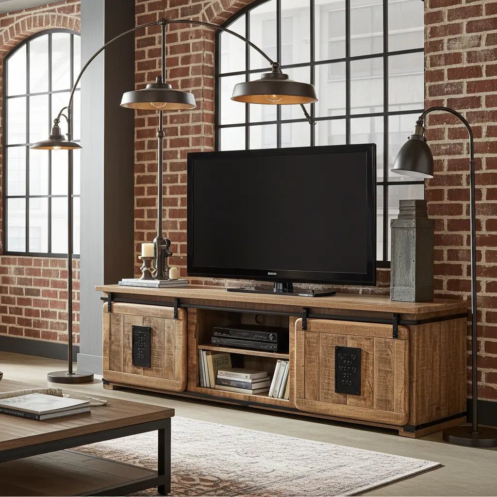 Meuble Télé Farmhouse en bois de manguier brut portes coulissantes