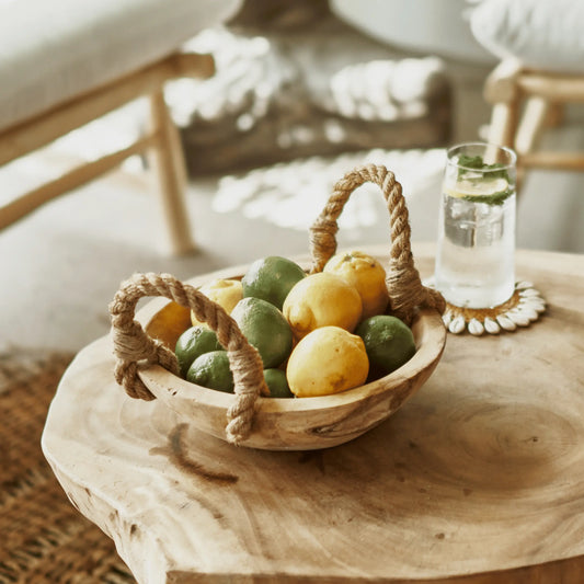 Bol en teck rustique et poignées en jute