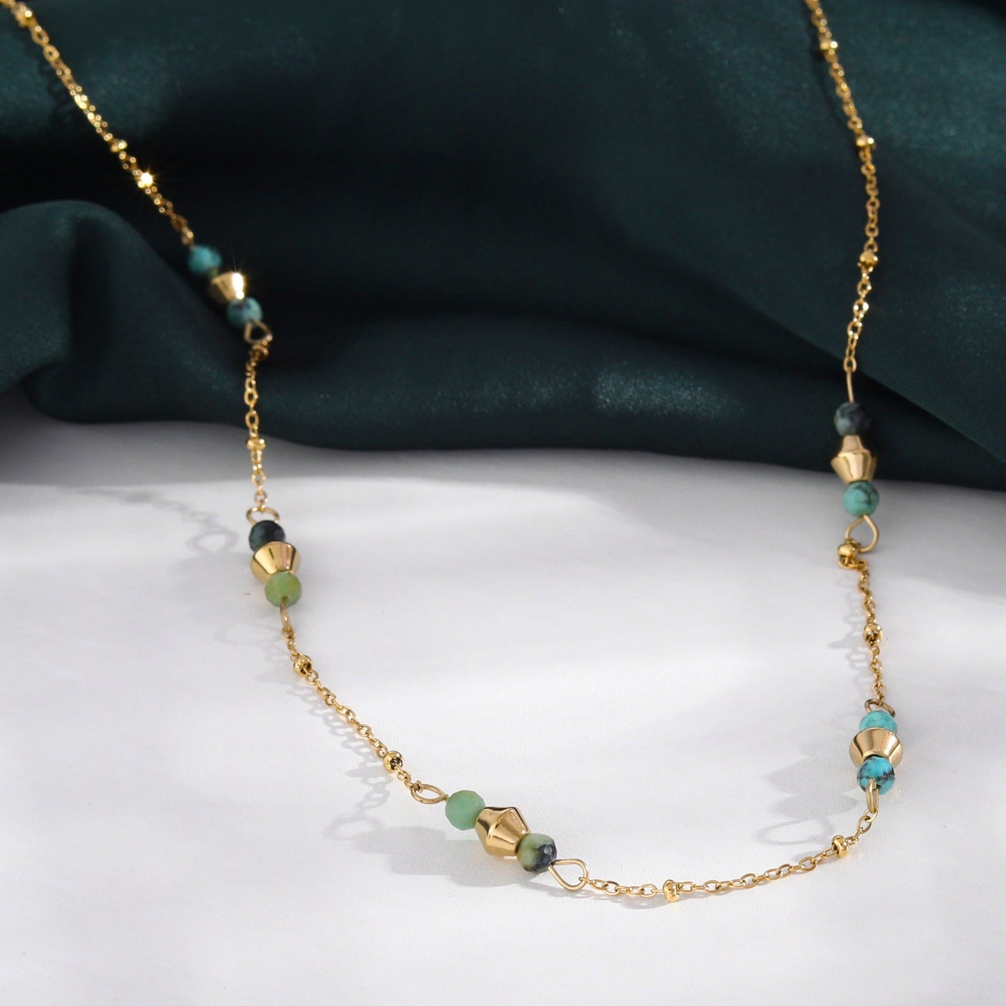 IMANI: Mix Bead Dainty Gold Chain Necklace featuring Natural Stones