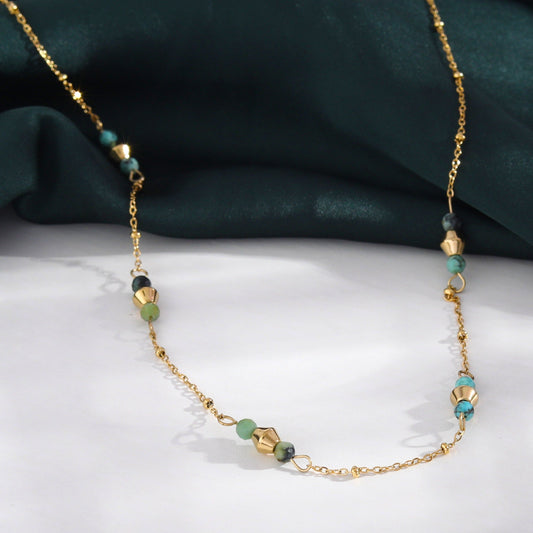 IMANI: Mix Bead Dainty Gold Chain Necklace featuring Natural Stones