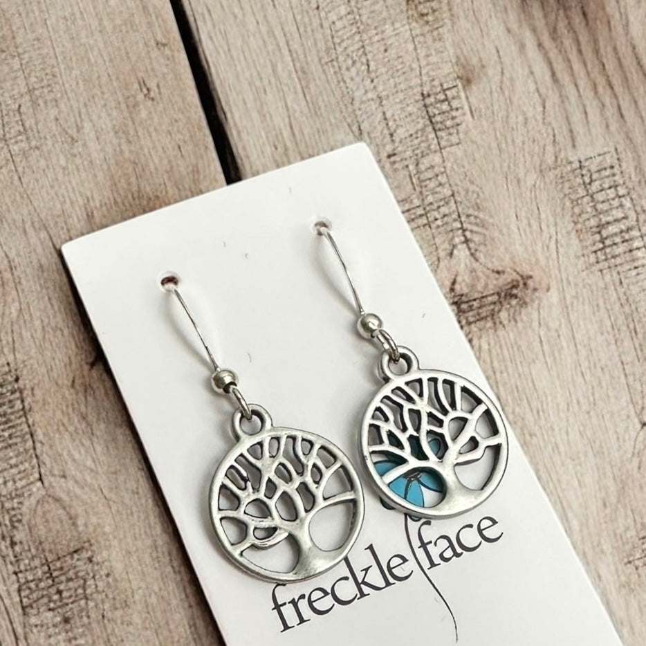 Tree Silhouette Dangle Earrings – Matte & Polished Silver Options