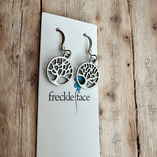 Tree Silhouette Dangle Earrings – Matte & Polished Silver Options