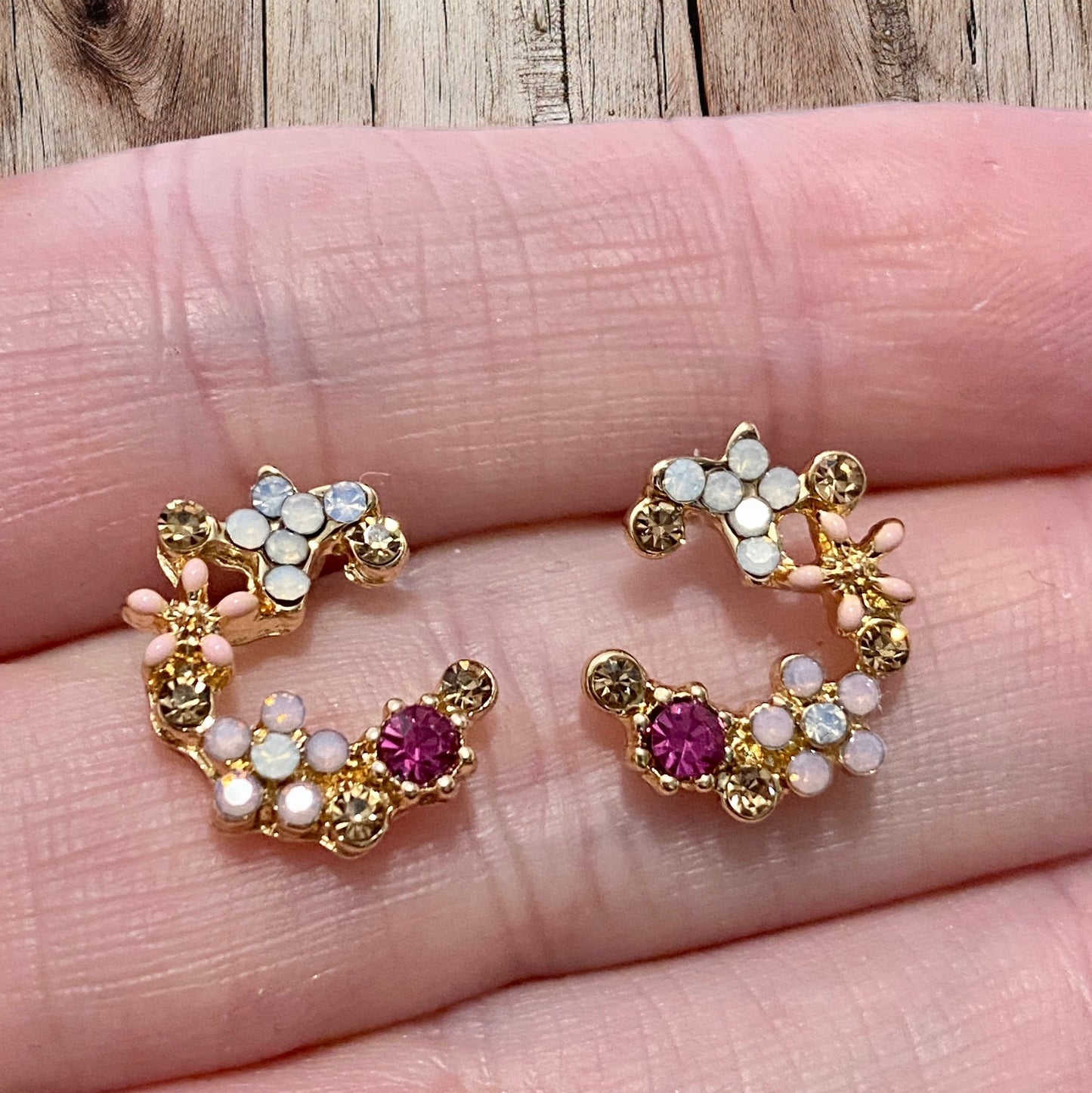 Crescent Bloom Stud Earrings – Floral Halo Design - Sparkle