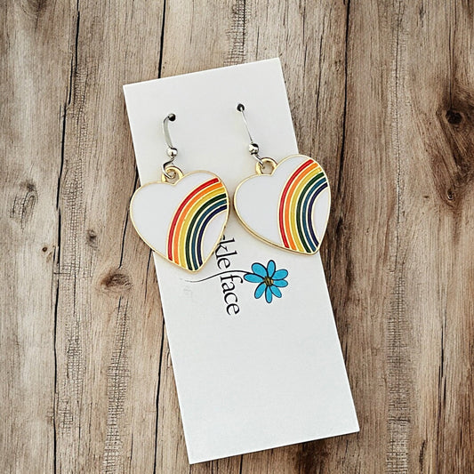 Rainbow Heart Hook Earrings – White Enamel & Multicolor Rainbow