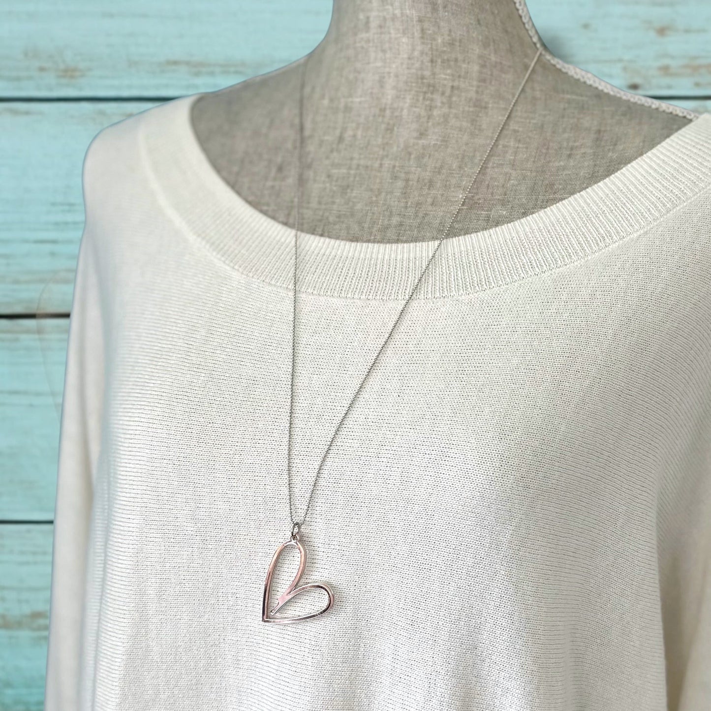 Double Heart Necklace – Long, Mixed Metals, Rose Gold & Silver Pendant