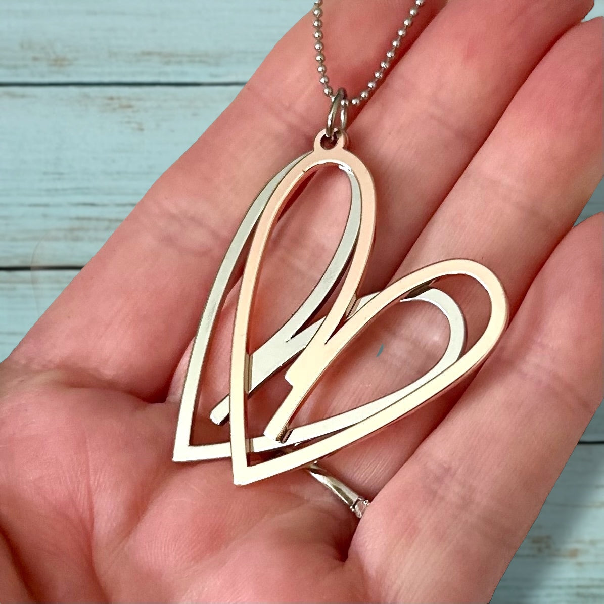 Double Heart Necklace – Long, Mixed Metals, Rose Gold & Silver Pendant